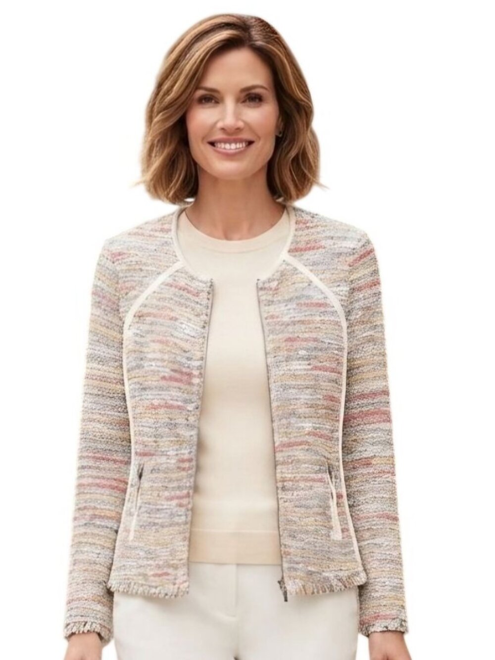 Nic + Zoe Pastel Tweed Contrast Trim Zip Pocket Full Zip Front Jacket Size M